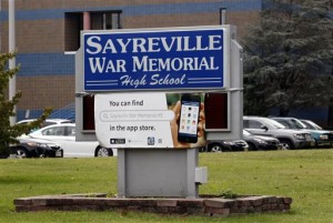 The entrance to Sayreville War Memorial High School. (AP Photo/Mel Evans)