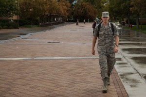ROTC Cadet DJ Herr walks past the Wilk on his way to class. Some students at BYU train for the army and deserve recognition across campus. (Ari Davis)