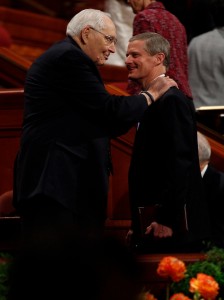 Elder L. Tom Perry and Elder David A. Bednar of the Quorum of the Twelve Apostles visit prior to the Sunday afternoon session. (Mormon Newsroom)