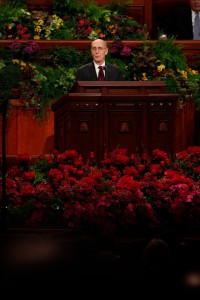 President Henry B. Eyring of the First Presidency addresses the congregation at the 184th Semiannual General Conference. President Eyring spoke on continuing revelation. (Mormon Newsroom)