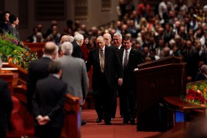 President Thomas S. Monson greets members of the Quorum of the Twelve Apostles before the Saturday morning session. (Mormon Newsroom)