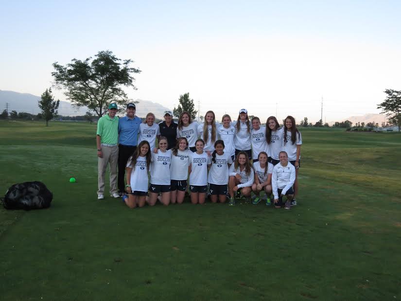The BYU Women's Soccer team playing FootGolf together at East Bay Golf Course.
