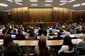 Students gather to listen in on oral argument in the Utah Supreme Court case Scott v. Universal Industrial Sales, Inc., et al., at Brigham Young University in Provo on Thursday, Nov. 6, 2014. The court heard two cases in the Moot Court room of the University's law school. SPENSER HEAPS, Daily Herald