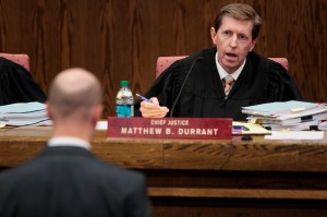 Chief Justice Matthew B. Durrant questions an attorney during oral argument in the Utah Supreme Court case Scott v. Universal Industrial Sales, Inc., et al., at Brigham Young University in Provo on Thursday, Nov. 6, 2014. The court heard two cases in the Moot Court room of the University's law school. SPENSER HEAPS, Daily Herald