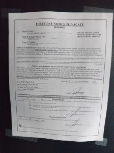 A legal notice on the door of Apt. 107 at the Riviera. (Jacob Molnar)