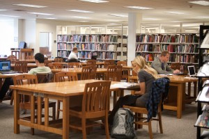 Students study on the fifth floor of the Harold B. Lee Library. The fifth floor used to be a more social area for students. Rumors about finding a date on the fifth floor still circulate today. (Stephanie Rhodes)