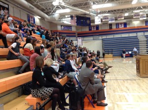 Seniors at Timpview High School gather for the Utah College Application Week kickoff event. They listened to UVU's Green Man Group and UVU President Matthew Holland. Photo by Tara Smith