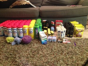 This stockpile of personal care items and dozens of Lysol wipes is worth $325 but only cost the buyer $11. Extreme couponing helps you stock up and prepare for the future at a cheap price. (Annmarie Moore)
