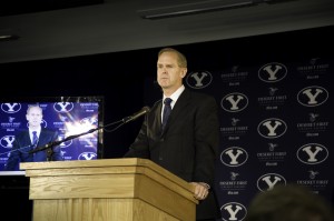 Holmoe addressed the members of the media when he announced that the football program will become independent while joining the West Coast Conference in other sports.(Luke Hansen) 