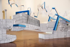 The Adobe building in Lehi is part of Kim Schoenstadt's abstract map of Provo City on display at BYU's Museum of Art. The iconic building is just one of the subjects of Schoenstadt's exhibit that opened on Nov. 7 at the MOA. (BYU's Museum of Art)