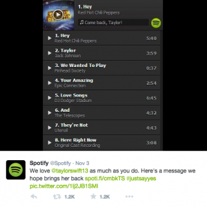 Spotify shares some humorous playlist poetry on Twitter begging Taylor Swift to come back. The artist pulled her music from the streaming service Nov. 3. (Spotify) 