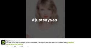 Spotify pleads with Taylor Swift on social media to bring her music back using her own lyrics and the hashtag #justsayyes. Swift removed her songs from the streaming service following the release of her new album, 1989. (Spotify)