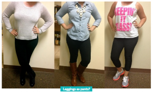 Leggings can function in casual outfits to workout gear, causing some controversy between men and women who believe leggings are not pants. (Sorority Stylista) 