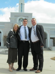 Richard Andrew stands with his parents outside the Mt. Timpanogos temple. Andrew explored a gambling lifestyle, but turned his life around and now lives in Utah.