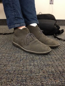 Student Spencer Erickson wearing his Clark's desert boots (Natalie Zippi).