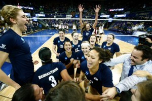 BYU women's volleyball celebrates after a victory in the NCAA tournament (BYU Photo)