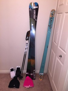 Some of the swag that was raffled off during Freeride Acadmey's annual event. The skis were won by individuals playing rock-paper-scissor and racing in ski boots. (Freeride Academy)