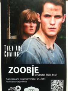 A poster displayed on BYU's campus advertising the student run zoobie film festival. The zoobie film festival will celebrate student made films at the awards ceremony will be held Dec. 6. (Cara Wade)