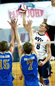 BYU's Tim Dobbert gets a kill in the Cougars' win  over UCLA Jan. 17 at the Smith Fieldhouse.. (BYU Photo)