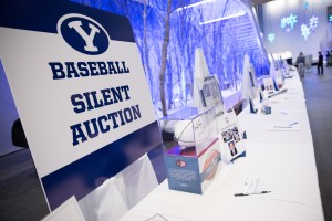 A silent auction is set up in the Nuskin building to raise money for BYU baseball. Baseball's First Pitch Dinner. (Elliott Miller)