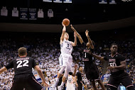 Tyler Haws takes a jump shot during Saturday's game against Santa Clara. Haws' 21 points put him into second place on BYU's career scoring list.