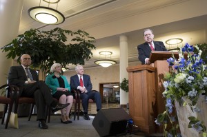Elder Jeffrey R. Holland speaks at a press conference to announce the Church's stance on LGBT and religious rights. Elders Dallin H. Oaks and D. Todd Christofferson and Sister Neill Marriott also spoke at the conference on Jan. 27. (Elliot Miller)