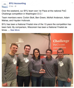 BYU's Accounting Team won first place at the National PwC Challenge competition in Washington, D.C. (Facebook Screenshot)