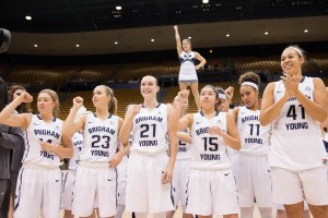 BYU players celebrate after defeating Pacific 89-72. (Ari Davis)