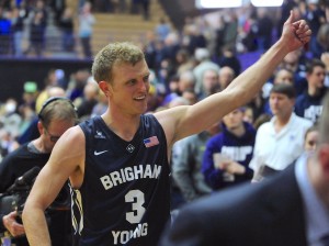 BYU's Tyler Haws gives a thumbs-up to fans after BYU's 82–69 win over Portland on Feb. 26, 2015. (AP Photo/Greg Wahl-Stephens)