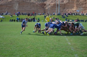 Sophomore No. 8 Hayden Johnson passes the ball to junior scrum half Luke Mocke after winning a scrum against Cal Poly. The Cougars beat the Mustangs 74-5 on January 31 in Mesquite, Nevada. (Josh Jamias) 