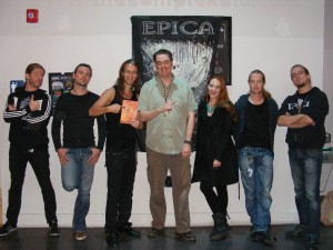 Sederholm with different band members from the Epica, Alestorm, Insomnium, and System Divide tour.