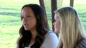 Hilary Hayes (left) and Sara Van Wagenen appear on KUTV, KSL and FOX 13 News to tell their story about the BYU catfish. (Screenshot)