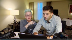 Nev Schulman, right, and celebrity Tyler Oakley research online to discover more about a potential catfish. Schulman created MTV's Catfish show after being catfished himself. (Screenshot)