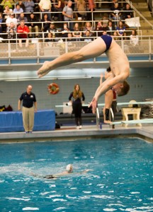 BYU dive athlete mid-dive in a meet against Denver January 24, 2015. (Bryan Pearson)