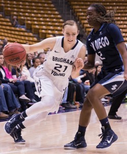 Lexi Eaton drives the ball in the Cougars' first game against San Diego on January 24. (Bryan Pearson)