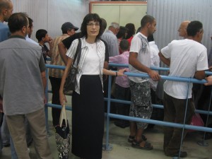 Sahar Qumsiyeh waits in line at a military checkpoint on her way to church. (Sahar Qumsiyeh)