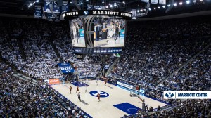 A rendering of what the Marriott Center will look like after renovations are finished at the end of the summer. It will include new LED scoreboards and lower-bowl seating. (BYU Athletics)