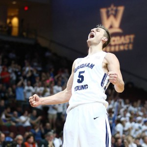 BYU's Kyle Collinsworth yells after hitting a free throw late in the Cougars 84–70 win over Portland in the semifinals of the WCC Tournament. Collinsworth earned his 6th career triple-double with the shot, tying an NCAA record. (BYU Photo)