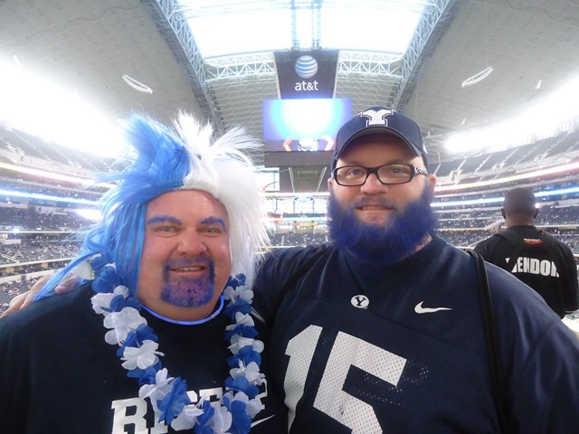 BYU fans color their facial hair blue for football game at Cowboy Stadium game (photo Beau Graves).