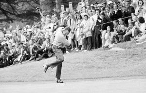 In this June 20, 1966, file photo, Billy Casper reacts after running a 25-foot putt into the cup on the 11th green during his playoff with Arnold Palmer for the U.S. Open title in San Francisco. Casper, a prolific winner on the PGA Tour whose career was never fully appreciated in the era of the "Big Three," died Saturday, Feb. 7, 2015, at his home in Utah. He was 83. (Associated Press)