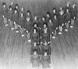 1960's BYU Cougarettes form the "Y". The Cougarettes were a drill and marching team until transitioning to a dance team in the seventies. (Photo courtesy of Jodi Maxfield)