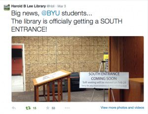The Harold B. Lee Library has announced construction on a south entrance. (Twitter)