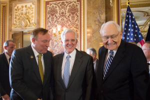 Elder D. Todd Christerofferson and Elder L. Todd Perry of the Quorum of the Twelve discuss the nondiscrimination and religious freedom bill with Sen. Jim Debakis. (William Glade)