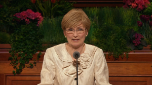  Sister Cheryl A. Esplin, second counselor of the Primary General Presidency, speaks at the first session of the 185th Annual General Conference. She spoke about the importance of filling homes with light and truth. (Screenshot)
