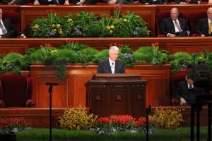 President Dieter F. Uchtdorf speaks at Priesthood Session of the 185th Annual General Conference. (Elliot Miller)