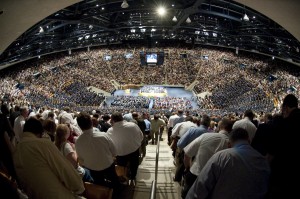 The Marriott Center fills during the BYU Commencement ceremony. (BYU)