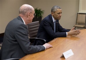 President Barack Obama meets with leaders of the Church of Jesus Christ of Latter-day Saints, including President Henry Eyring, left, Thursday, April 2, 2015, in Salt Lake City. Upon arrival at his hotel in Salt Lake City, Obama went straight into a meeting with top leaders of the Church of Jesus Christ of Latter-day Saints. (AP Photo/Carolyn Kaster)