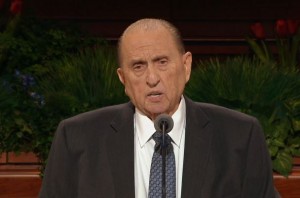 President Thomas S. Monson speaks about priesthood responsibilities at the 185th semiannual General Conference priesthood session. (Screenshot)
