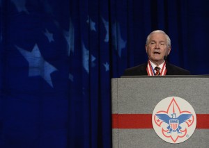FILE - In this Friday, May 23, 2014 file photo, former Defense Secretary Robert Gates addresses the Boy Scouts of America's annual meeting in Nashville, Tenn., after being selected as the organization's new president. On Thursday Gates said that the organization's longstanding ban on participation by openly gay adults is no longer sustainable, and called for change in order to avert potentially destructive legal battles. (AP Photo/Mark Zaleski, File)