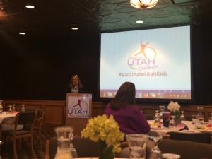 Frankie MIlley, Founder and National Executive Director of Meningitis Angles, was the keynote speaker at an event hosted by Voices for Utah Children. Milley is a supporter of the new rulling that every seventh grade student in Utah should be vaccinated against meningitis. (Hannah Maines)